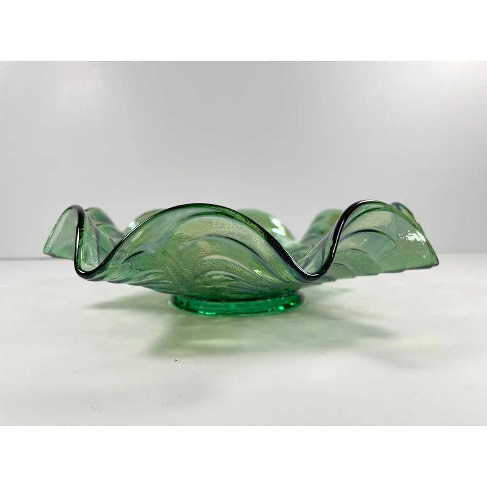 Vtg Imperial Carnival Glass Green Iridescent Pansy Ruffle Bowl Retro